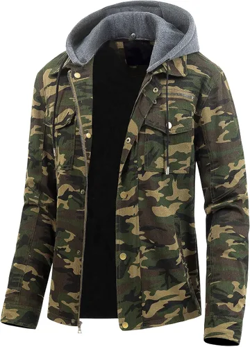 Miniatura 16 de Pursky Chaqueta de lona de algodón militar casual para hombre con capucha desmontable
