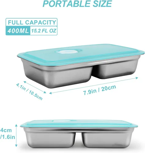 Miniatura 8 de Recipientes reutilizables de acero inoxidable con tapas, contenedores de doble compartimento para aperitivos, recipientes pequeños para condimentos