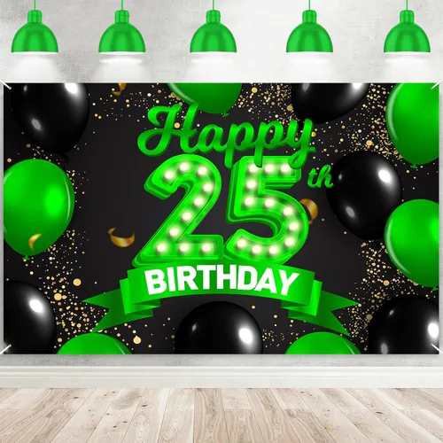 Miniatura 59 de Cartel de feliz cumpleaños 26 verde y negro, telón de fondo con texto en inglés "Cheers to 26 years old confeti", globos de confeti, decoración