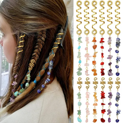 BBTO 12 piezas de joyas para el cabello para trenzas, accesorios de rastas de piedra de cristal natural, accesorios de metal para el cabello,