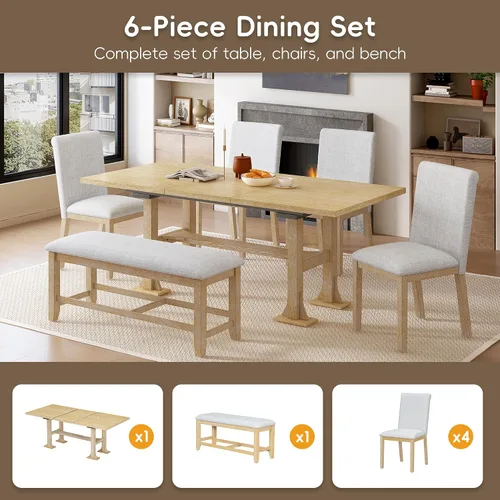 Miniatura 4 de Juego de mesa de comedor extensible de 6 piezas, juego de mesa de comedor para 6 personas con caballete de banco, juego de mesa de cocina con 4
