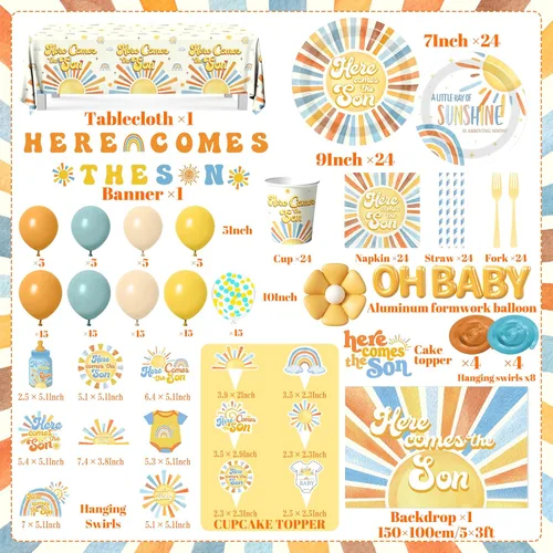 Miniatura 6 de Here Comes The Son Baby Shower Decor – Vajilla bohemia para fiesta de baby shower con arco de globos, decoración de tartas, decoración de pancartas