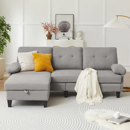 Miniatura 10 de Sofá modular convertible de 84 pulgadas, moderno sofá pequeño en forma de L de tela de lino con diván reversible, sofá de 3 asientos para sala