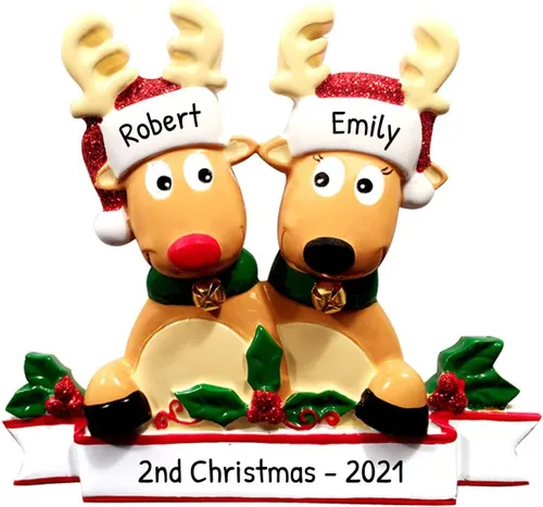 Miniatura 3 de Adorno personalizado en 3D de nuestra primera Navidad 2025 Adornos personalizados de renos para parejas, adorno de pareja de alces 2025, familia