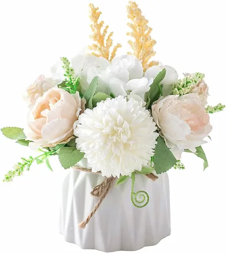 Miniatura 8 de KIRIFLY Flores artificiales falsas en jarrón, centros de mesa de seda de peonía sintética para decoración de mesa de boda (rosa en vidrio)