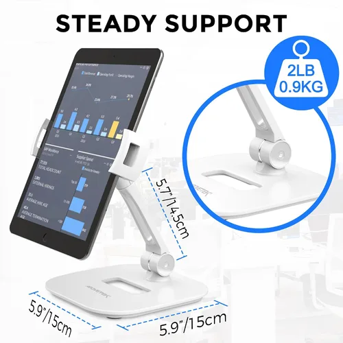 Miniatura 4 de AboveTEK Soporte para tableta, elegante soporte de aluminio para iPad, plegable giratorio de 360° para iPad iPhone, soporte de mesa para Blanco