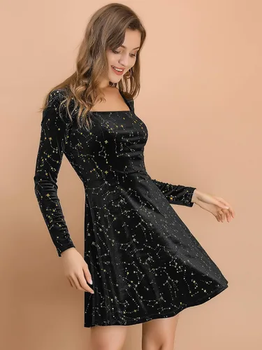 Miniatura 3 de Allegra K Mini vestido de terciopelo vintage con cuello cuadrado y estrellas de Navidad para mujer
