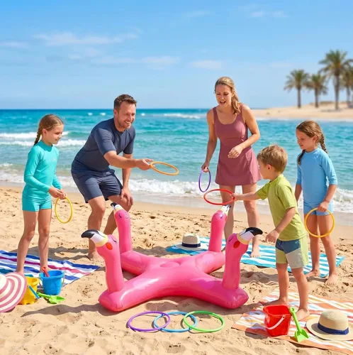 Miniatura 3 de Uniqhia Anillo inflable para piscina con 6 anillos, juego de piscina flotante de tiburón y flamenco con 6 anillos, juegos de piscina para niños