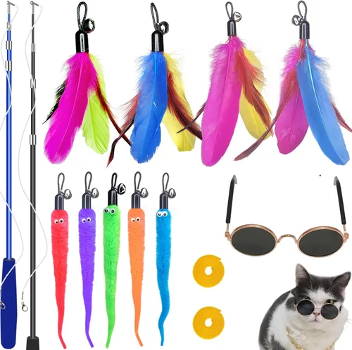 Miniatura 8 de ZPH Juguetes para gatos, paquete variado de plumas interactivas para gatos, varita y gatito, incluye juguete de ejercicio para gatos, ratón, gusanos