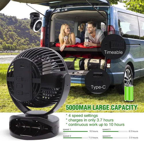 Miniatura 4 de Ventilador de refrigeración recargable para autocaravana, ventilador de escritorio portátil de 4 velocidades, diámetro: 5.5 pulgadas, ventilador
