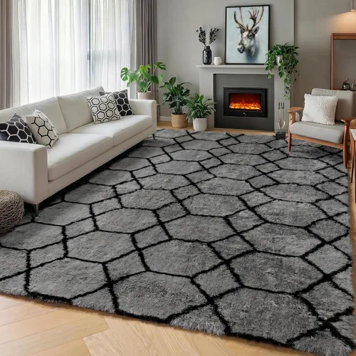 Miniatura 46 de ONASAR Alfombras de área para sala de estar y dormitorio, alfombra esponjosa lavable de 5x8 pies gris y blanca, alfombra de piso suave, afelpada