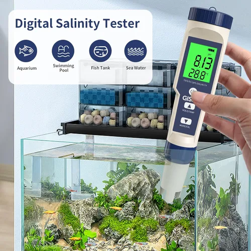 Miniatura 4 de Probador de piscina de agua salada 5 en 1, medidor de pH/TDS/EC/salinidad/temperatura, probador de agua de alta precisión de resolución 0.01