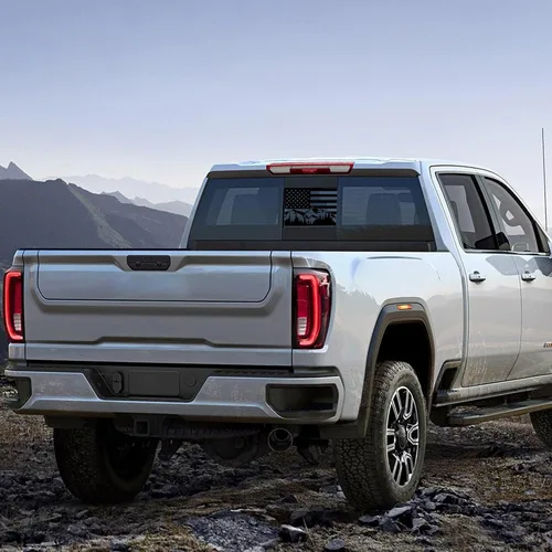 Miniatura 4 de Adhesivo para ventana trasera media de Chevy Silverado Sierra 2004-2018 Bandera de Estados Unidos de montaña de vinilo adhesivos mate negro