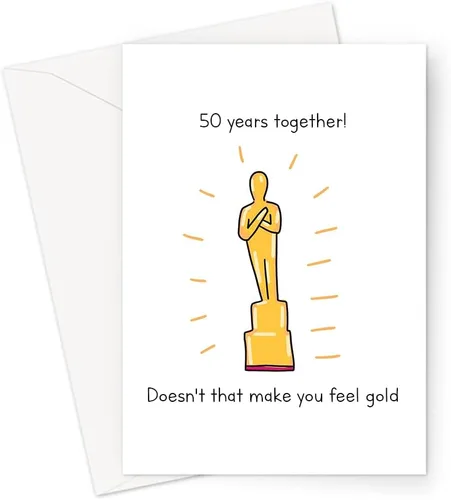 Divertidas tarjetas de 50 aniversario | Tarjetas de juego de palabras doradas ilustradas peculiares de aniversario de boda para marido o esposa (50