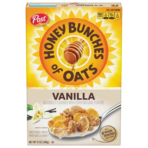 Honey Bunches of Oats Cereal de vainilla, cereales para el desayuno con avena crujiente y racimos de granola, caja de 12 onzas
