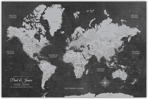 HolyCowCanvas Personalizado Mapa Mundial con Alfileres Gris en Lienzo, 3 Tamaños, Marca Viajes, Tablero de Mapa Mundial con Alfileres, Mejor Regalo