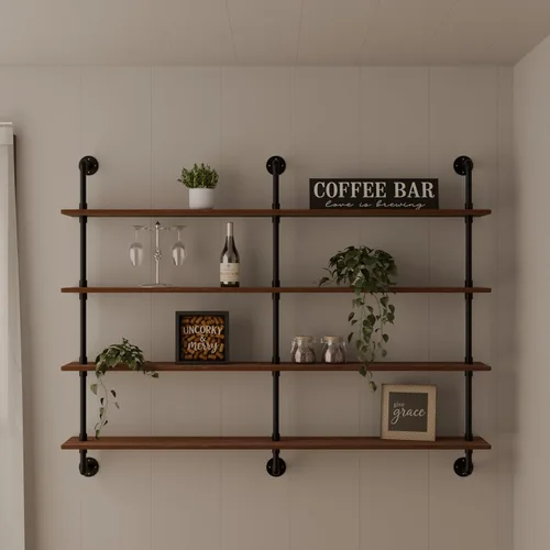 Miniatura 23 de HDDFER - Estantería industrial para tuberías rústicas en blanco, estantes de pared de tubería industrial con tablas de madera, estantes flotantes