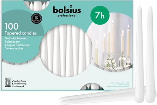 BOLSIUS White Taper Candles Paquete de 100 velas a granel – Juego de velas de cena de 10 pulgadas – Más de 7 horas de combustión – Calidad europea