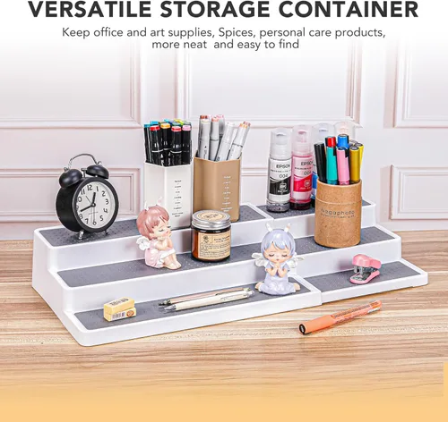 Miniatura 8 de CiWiVOKi Organizador de especias expandible de 3 niveles, estante de especias de plástico blanco/gris, longitud ajustable de 14.6 a 25.8 pulgadas