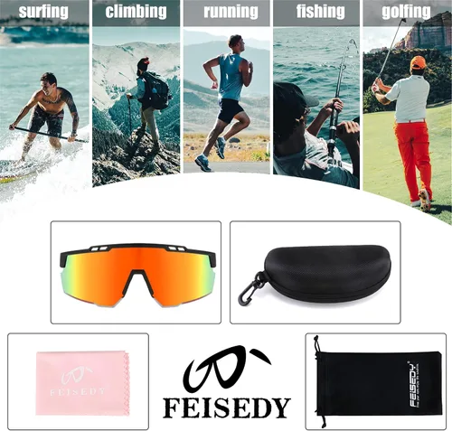 Miniatura 6 de FEISEDY Gafas de sol deportivas para hombres y mujeres, protección UV400, gafas de ciclismo, golf, béisbol, conducción, pesca, B0022 Lente espejada