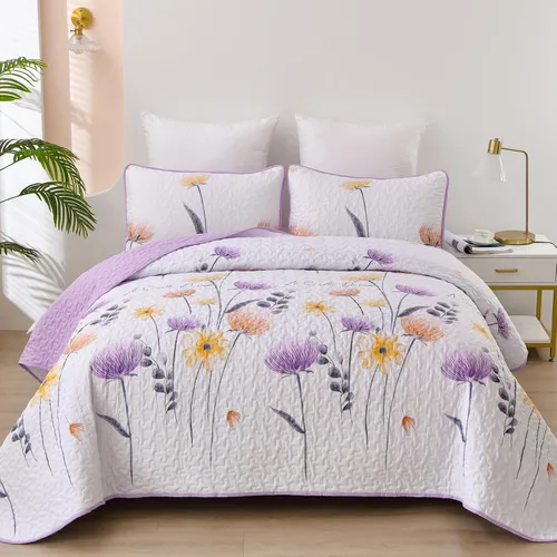 Miniatura 41 de Dinjoy Juego de colcha floral tamaño Queen, colcha azul agua tamaño Queen de 3 piezas, juego de ropa de cama ligera de estilo granja, colcha