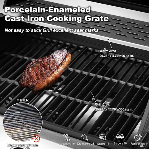 Miniatura 4 de MELLCOM Parrilla de barbacoa de acero inoxidable mejorada de 36,000 BTU, parrilla de gas propano BBQ de 3 quemadores con rejillas de hierro fundido