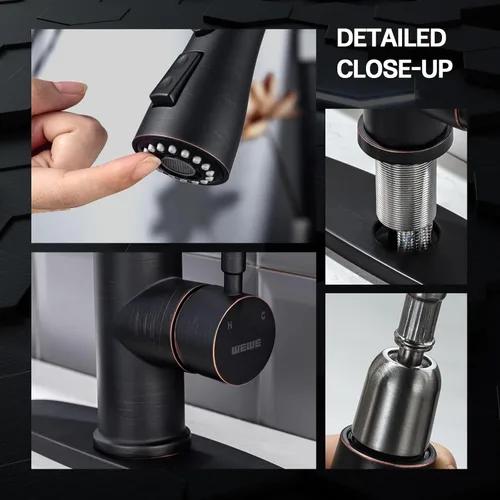 Miniatura 6 de WEWE Grifos de cocina con pulverizador desplegable, grifo de cocina de estilo granja en bronce cepillado con aceite, comercial, moderno, de arco