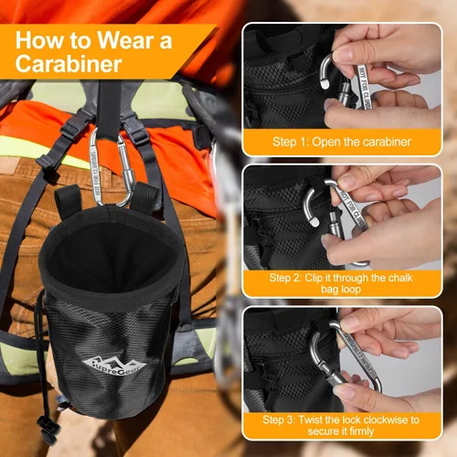 Miniatura 4 de supregear Bolsa de tiza para escalada en roca, bolsillo grande con cremallera con soporte para cepillo, cierre de cordón y clip de mosquetón, ideal
