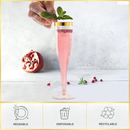 Miniatura 3 de 36 copas de champán de plástico, vasos de plástico de 6.5 onzas, borde dorado y purpurina dorada, decoración de brunch, flautas de plástico