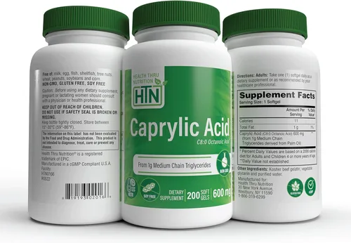 Miniatura 5 de Health Thru Nutrition Ácido caprílico 600 mg 200 cápsulas blandas Ácido octanoico C8 de aceite MCT puro de 0.04 oz Sin OMG y sin soja Apoya