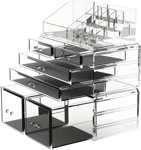 Miniatura 9 de READAEER Organizador de maquillaje, 3 piezas, estuche de almacenamiento de cosméticos con 6 cajones (transparente)