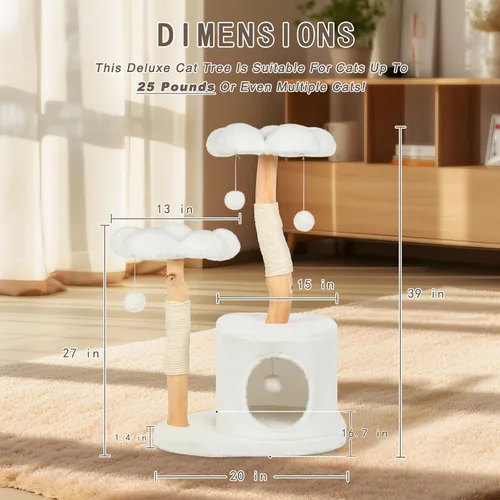 Miniatura 7 de Bonita torre de árbol para gatos de interior y adultos, árboles de madera con 6 pompones, moderna torre de árbol para gatos con poste rascador