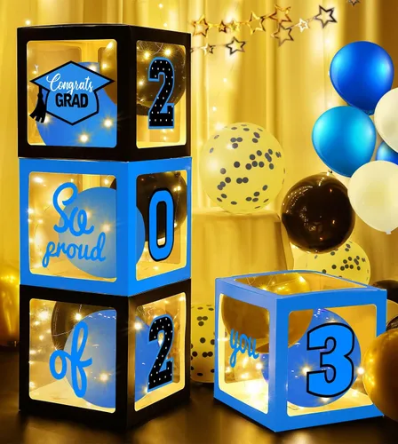 Decoraciones de fiesta de graduación 2023-4 cajas de globos de graduación, 35 globos y 4 tiras de luces LED para la clase de 2023 decoración de