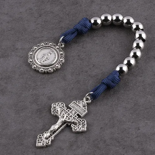 Miniatura 49 de Rosario de bolsillo estilo abierto una década de acero inoxidable rosario católico con crucifijo medalla de San Benito con bolsa de regalo