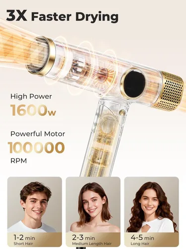 Miniatura 4 de Secador de pelo blanco con difusor, secador de pelo iónico profesional de alta velocidad con pantalla digital de temperatura, difusor magnético
