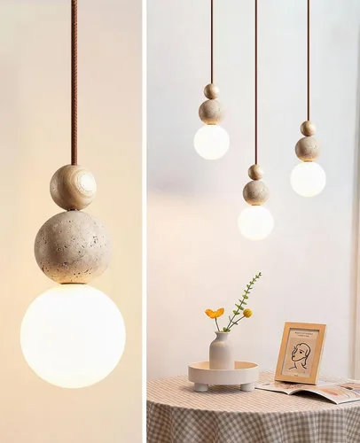 Miniatura 10 de Lámpara colgante de travertino amarillo natural, 10.6 pulgadas de alto, moderna lámpara colgante Wabi Sabi con 3 esferas de materiales diferentes