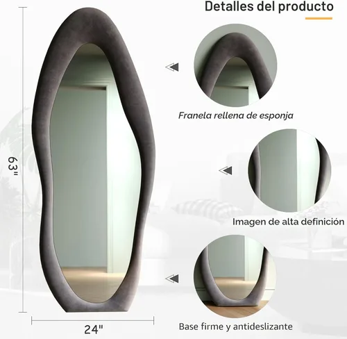 Miniatura 5 de Honyee - Espejo de cuerpo completo de 63 x 24 pulgadas, espejo de pared, marco de madera envuelto en franela, espejo de cuerpo completo ondulado Gris