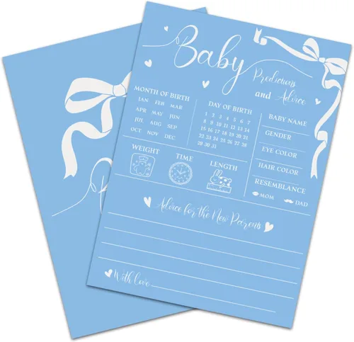 CUTHOLLOW Blue and Bow - 50 tarjetas de predicción para bebés, consejos y deseos para los futuros padres, juegos de baby shower, predicción de bebé