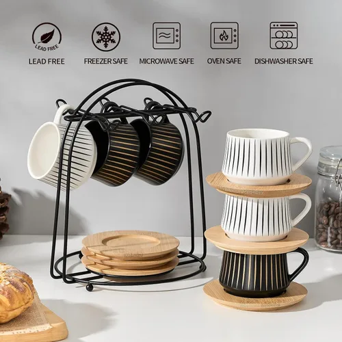 Miniatura 4 de LUKA - Tazas de café de cerámica con platillos y soporte de metal, 4 onzas, tazas de porcelana demitasse para espresso, latte, café, café moca, té