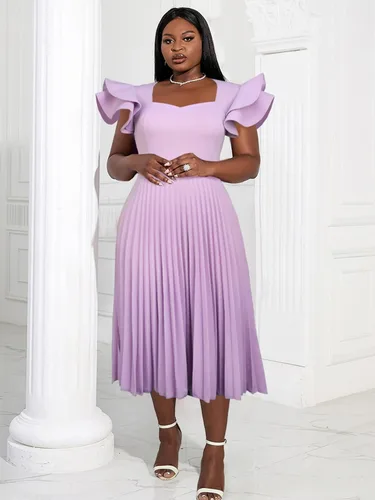 Miniatura 2 de AOMEI Vestido midi elegante plisado con cuello cuadrado y mangas con volantes para mujer
