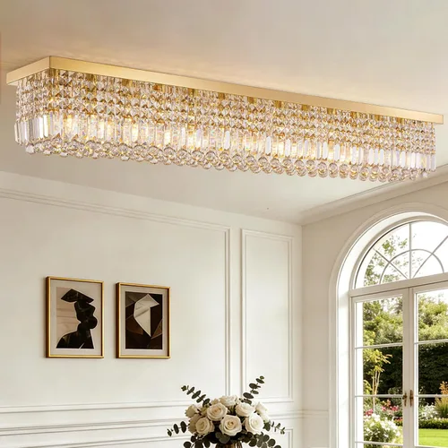 Miniatura 20 de Candelabros Modernos de Cristal para Lámpara de Comedor, Candelabro de Techo Rectangular Dorado de 6 Luces para Isla de Cocina y Sala de Estar