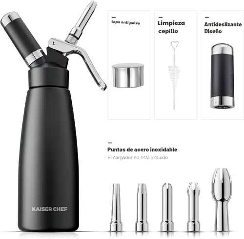Miniatura 3 de Dispensador profesional de crema batida de aluminio - 500 mL/1 pinta, recipiente para crema batida con 5 boquillas de decoración y cepillo de Negro