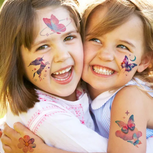 Miniatura 4 de Tatuajes con purpurina para niñas y mujeres, 12 hojas con purpurina de mariposa, luna, flores, sirena, tatuajes temporales para niñas, suministros