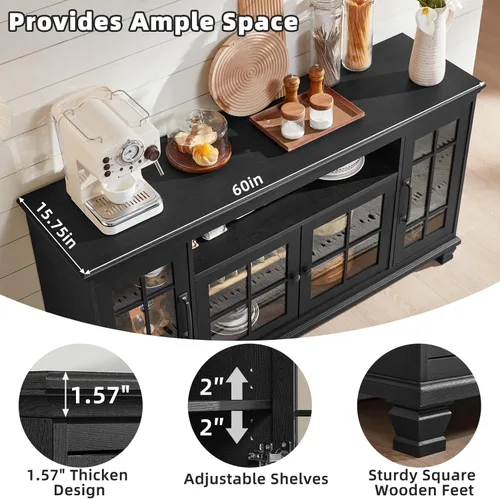 Miniatura 6 de SAVOR LIFE - Aparador grande negro con gabinete de buffet y almacenamiento, credenza vintage de casa de campo de 60" de ancho con puertas de vidrio