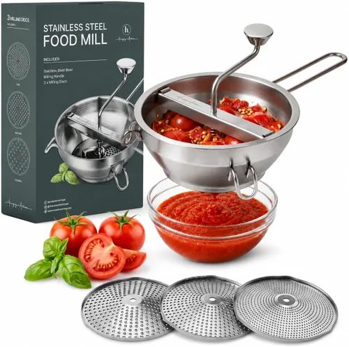 Molinillo de alimentos de acero inoxidable con 3 discos, manivela giratoria ergonómica para salsa de tomate, puré de manzana, comida para bebés,
