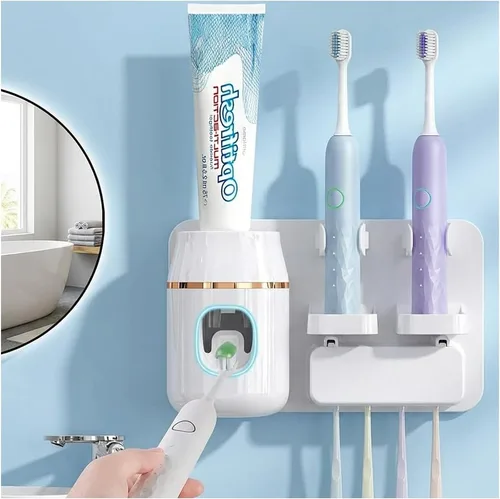 TuCao Soporte para cepillo de dientes montado en la pared con dispensador automático de pasta de dientes, organizador de baño sin taladro, color