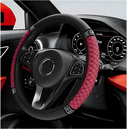 Miniatura 10 de Funda para volante de coche brillante, protector de volante de 15 pulgadas con diamantes de imitación de cuero suave, fundas de volante auto