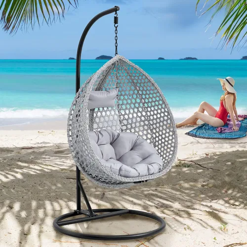 Miniatura 14 de Swining - Silla de huevo con soporte, sillas colgantes de mimbre de ratán para huevos, silla columpio para patio con cojín resistente a los rayos