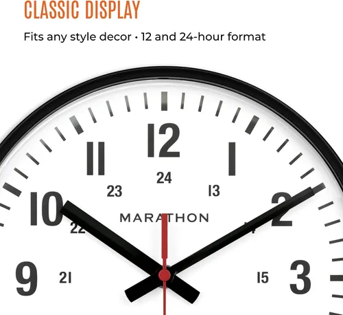 Miniatura 4 de MARATHON Reloj de pared analógico silencioso de barrido continuo de grado comercial de 10 pulgadas con marcadores de 12/24 horas, números grandes