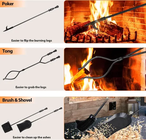 Miniatura 4 de Nouva Juego de 5 herramientas para chimenea - Mango negro de hierro forjado Accesorios Accesorios Herramientas - Pinzas de póquer de soporte